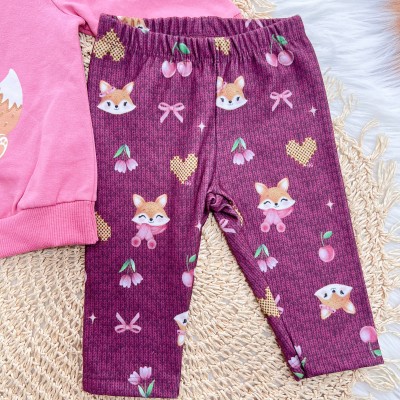 Conj. Casaco de Moletom Pequena Diva e Calça Legging Raposinha e Frutinhas - Rose
